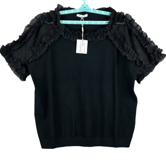 NWT Sioni Milano Women's Mesh Ruffle Shoulder Black Blouse Size 1X Luscious Knit - Picture 1 of 11